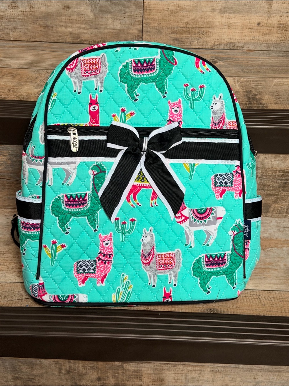 NWT Kids Turquoise Llama Print Diaper bag Backpack with Black Bow